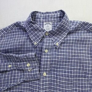 Brooks Brothers 346 Mens Medium Slim Button‎ Down Shirt Blue Gingham Check Linen